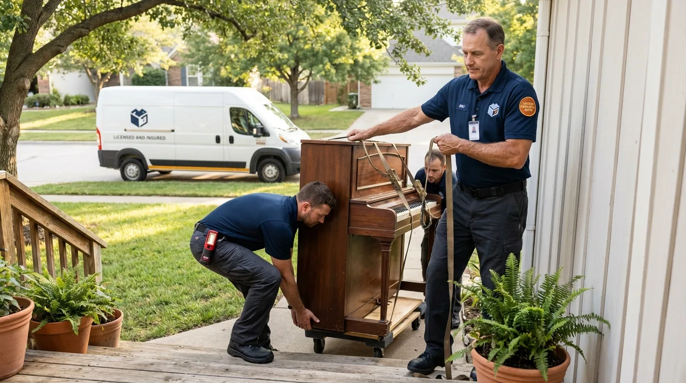 Licensed piano movers securing grand piano in Sidney, NE