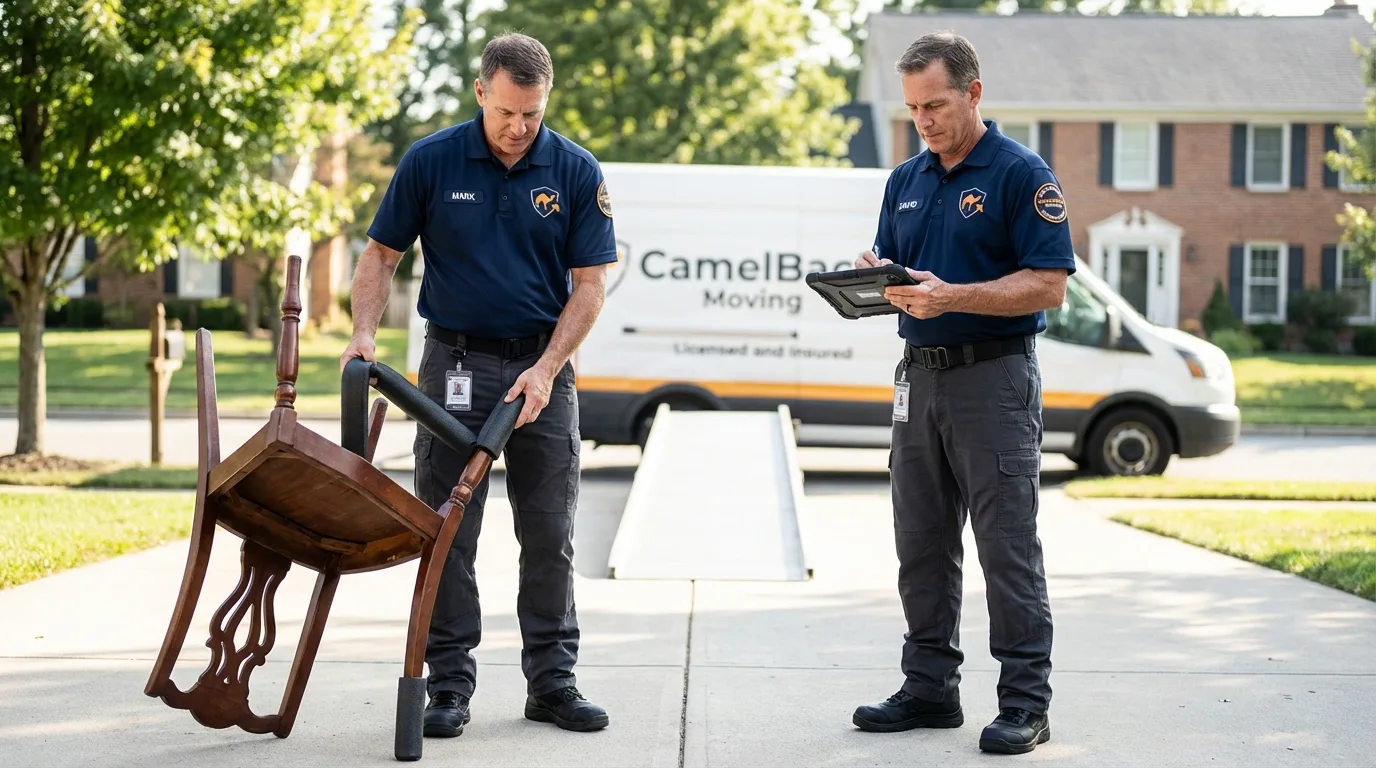 Movers inspecting furniture for damage prevention before loading in Sidney, NE